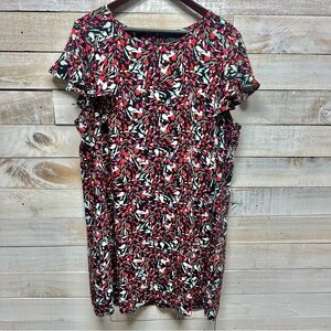 Tahari Dress Womens 1X Red Black‎ Bird Print Flutter Sleeves Sheath